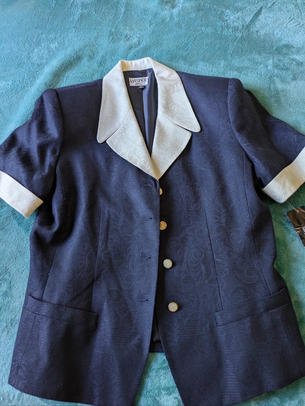 Kasper Navy Blue Jacket with White Textured Collar